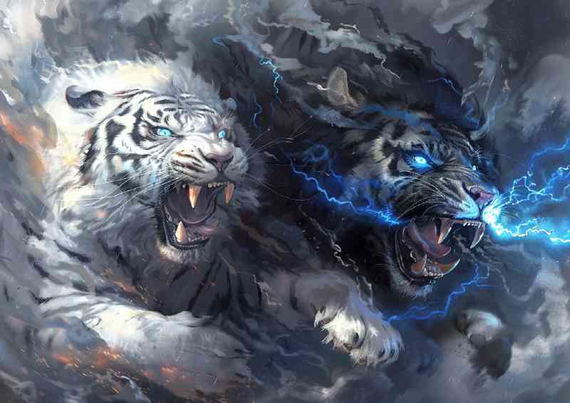 White Tiger and black Lion roaring