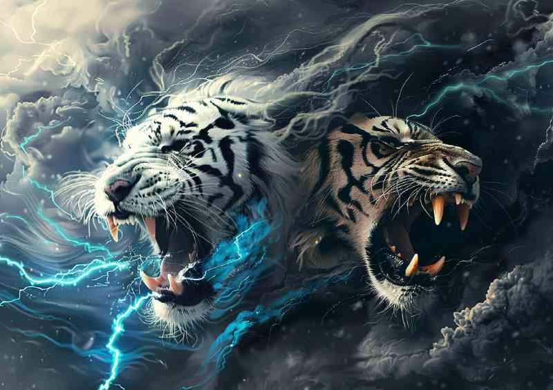 White Tiger and black Lion roaring with blue light
