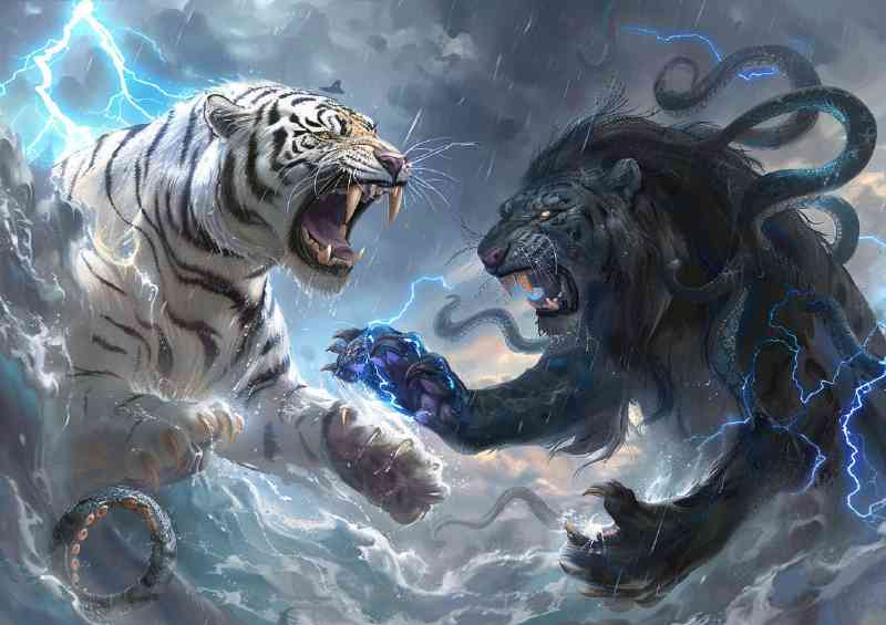 White Tiger and black Lionroaring blue lightning