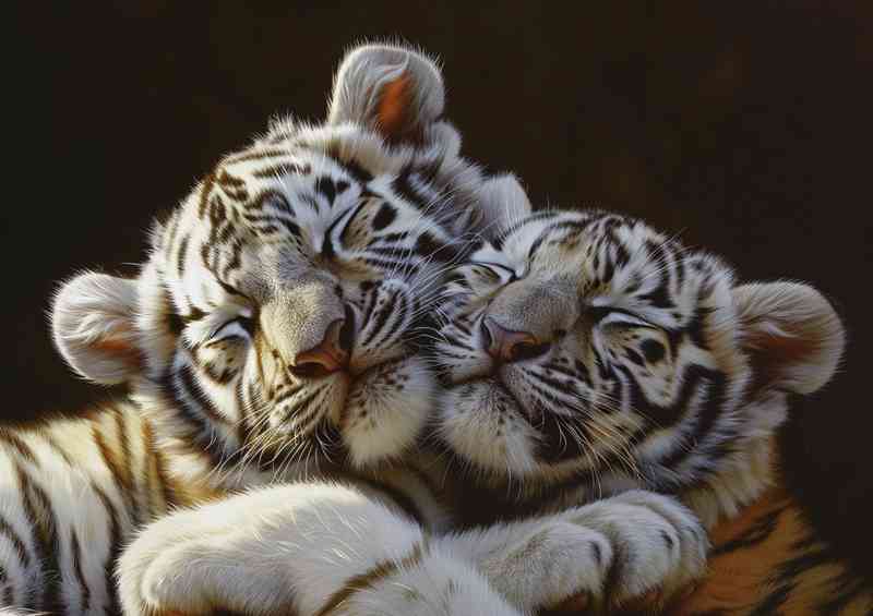 White Tiger cubs cuddling together in the sun