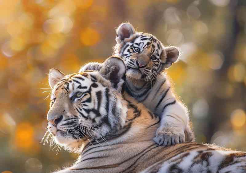 White Tiger cubs sitting on a big tigers shoulders