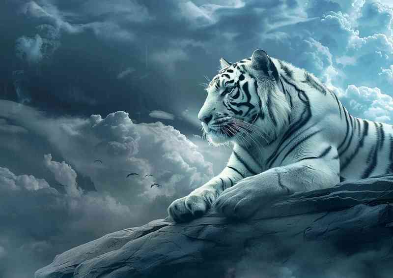 White Tiger on a hiltop with cloudy skys