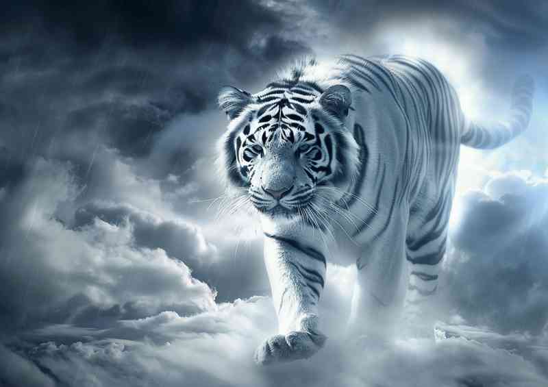 White Tiger walking through the cloudy skys