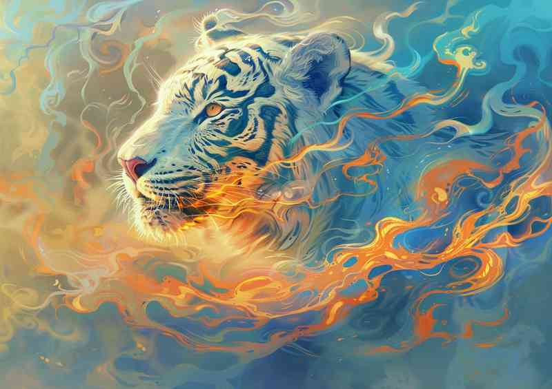 White Tiger with flames fire and steam