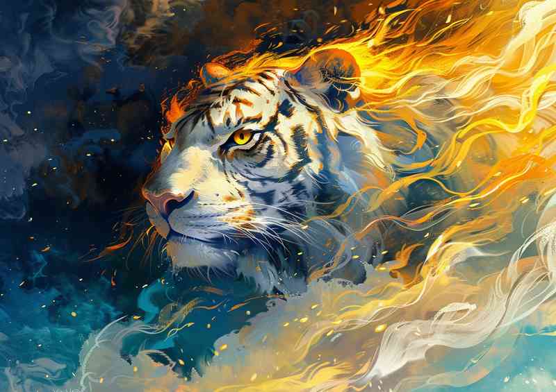 White Tigers head with blue and yellow flames