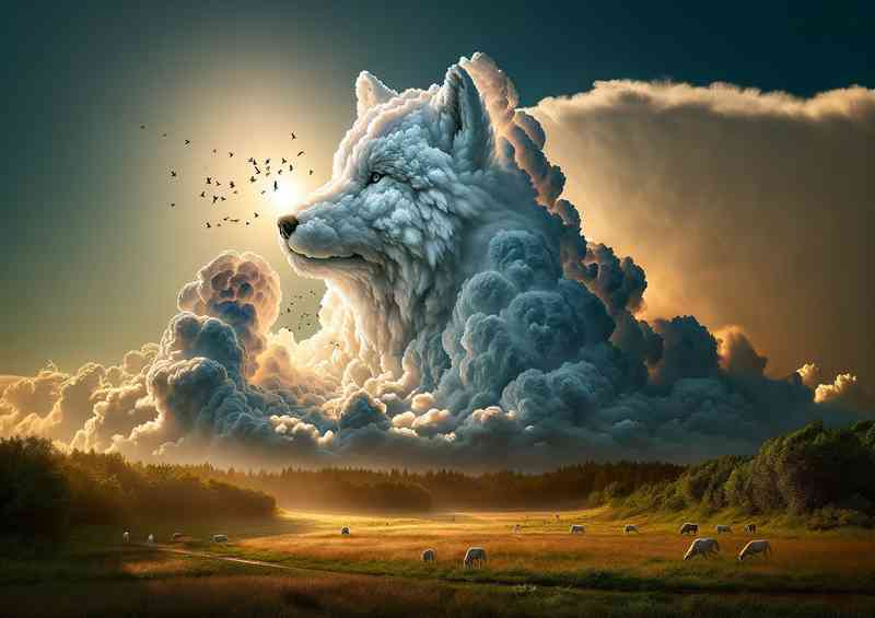 White clouds form the shape of a majestic wolf in the sky