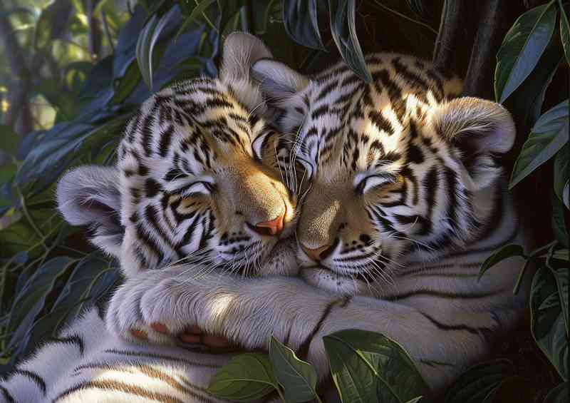 White tiger cubs cuddling together