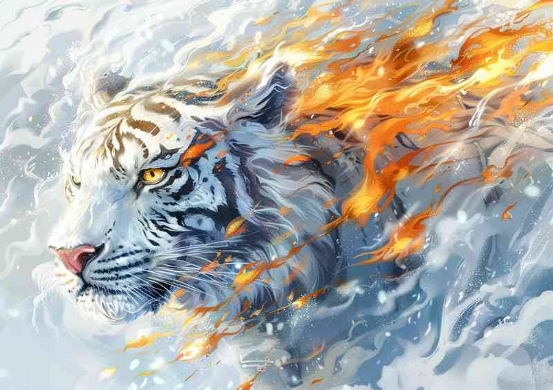White tiger with flames fire and clouds in the sky