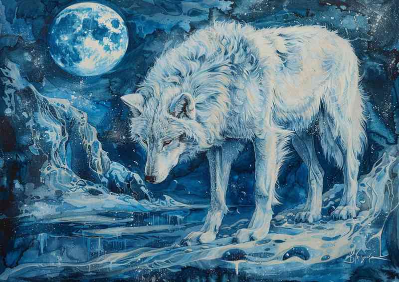White wolf standing in front of the moon and light