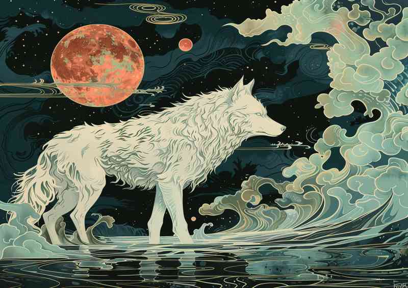 White wolf standing in front of the sky