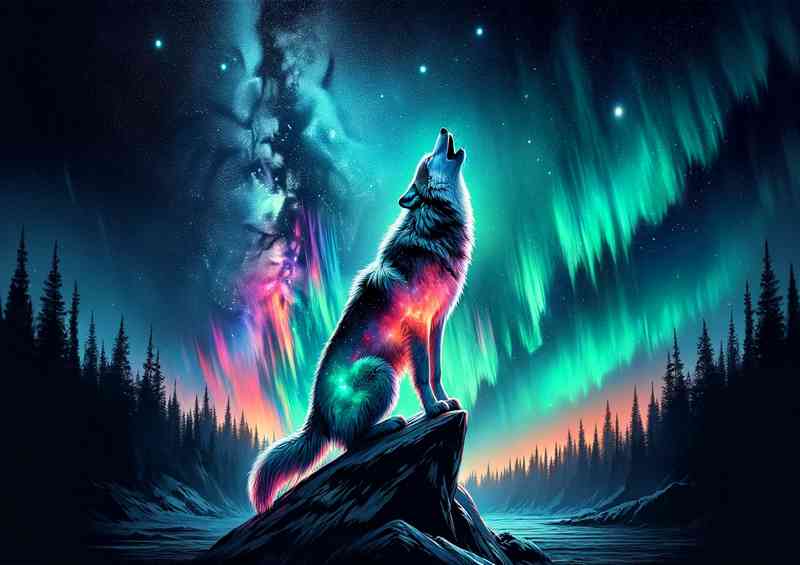 Wolf its fur a vibrant display of auroras and celestial bodies