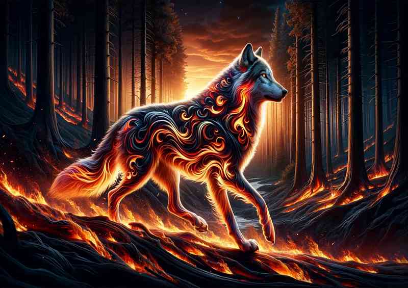 Wolf its fur patterned with swirling flames