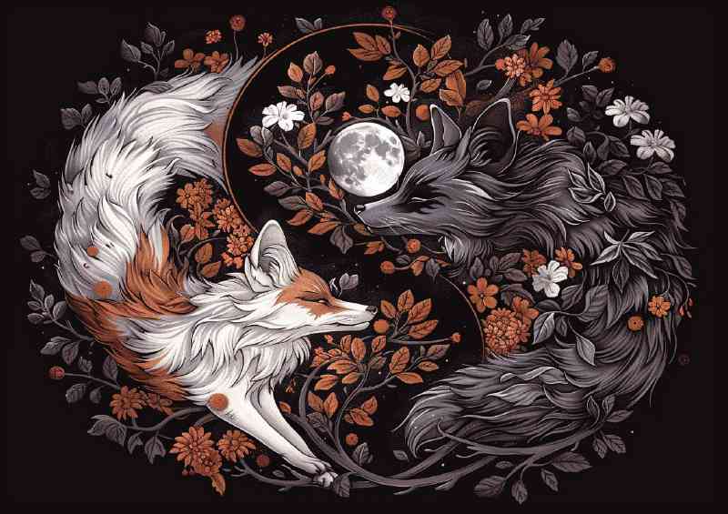 Yin yang with two Foxes one white and the other