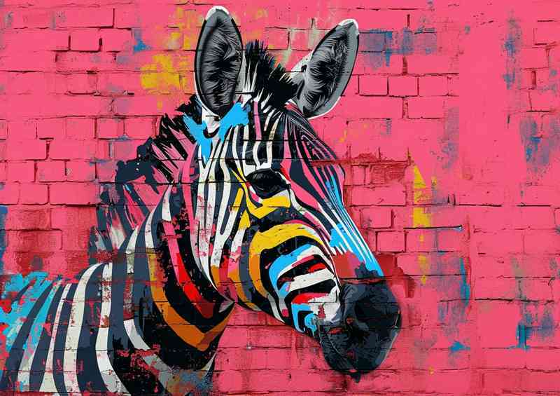 Zebra head with a variety of colors and pink background
