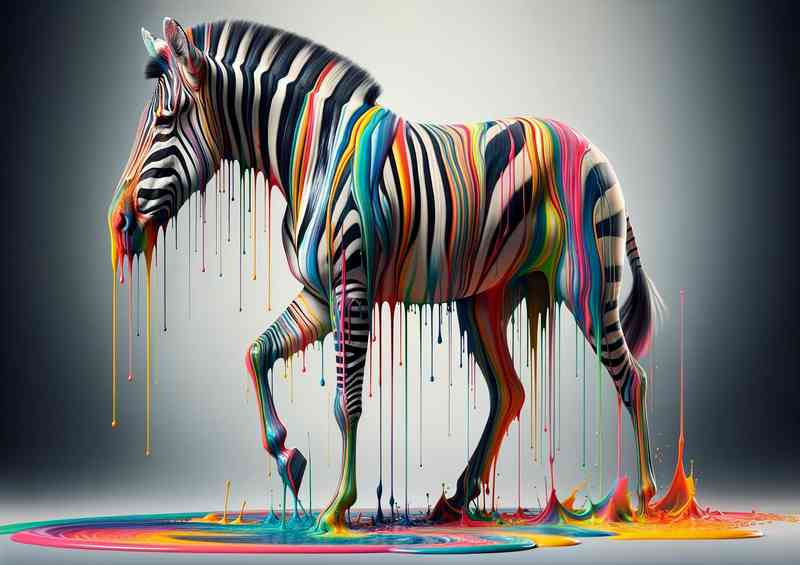 Zebra with vibrant dripping stripes in an array of colors