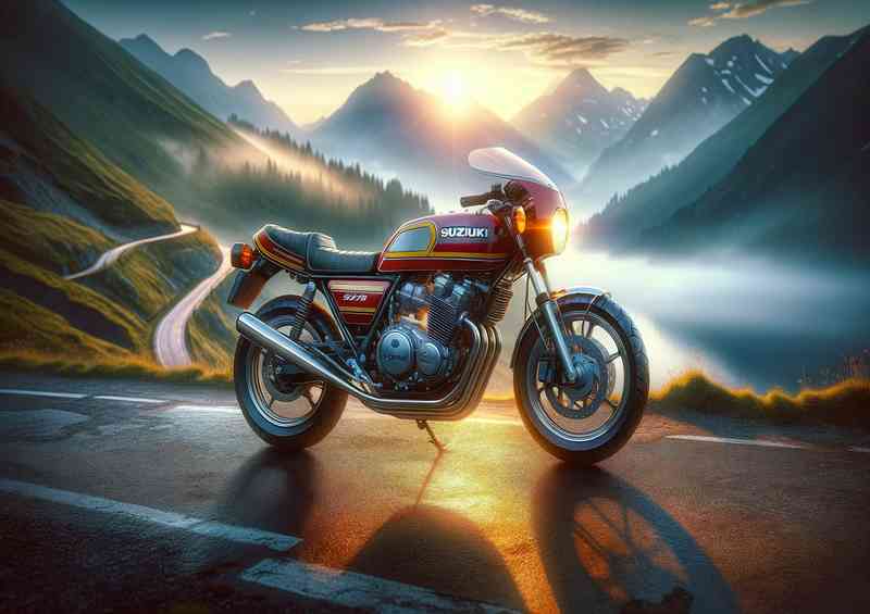 Suzuki 2 stroke motorcycle from the 1980s on the mountain road