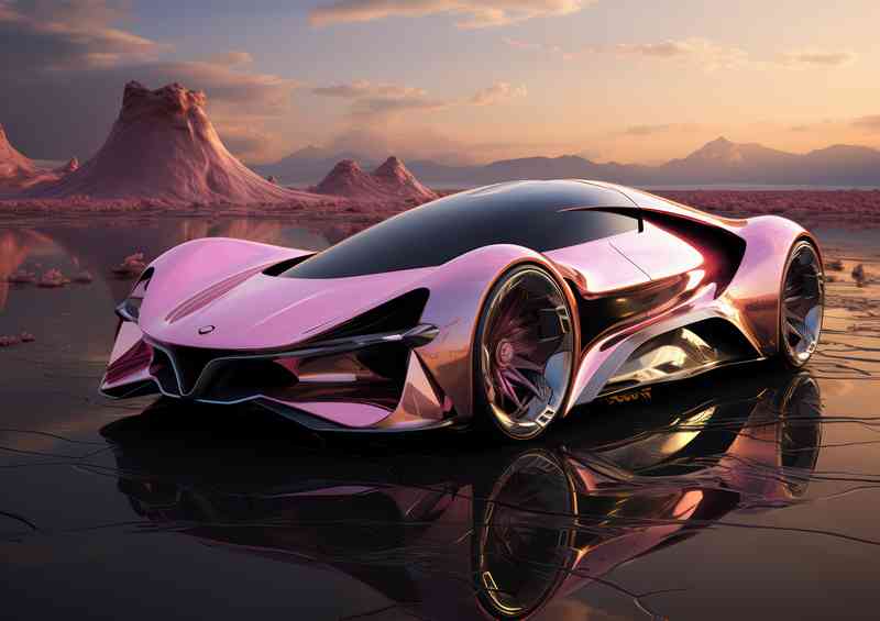 A futuristic car in pink in the desert