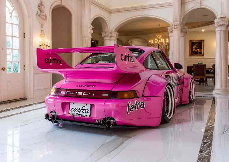 Backside of an all pink widebody Porsche