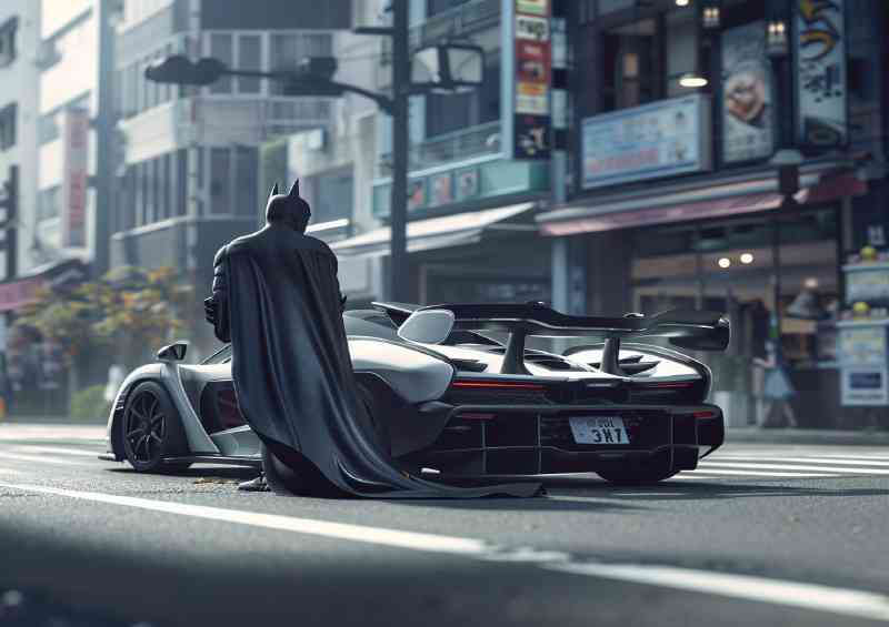 Batman in the city stands next to his supercar silver