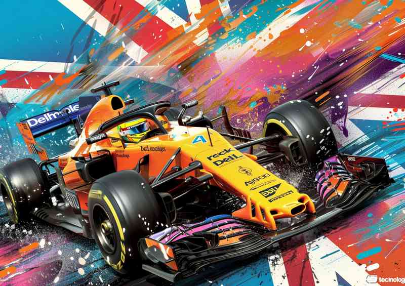 Black and orange formula one car with flag