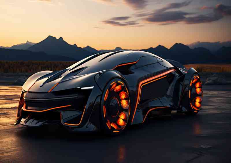 Black car with the orange color at sunset