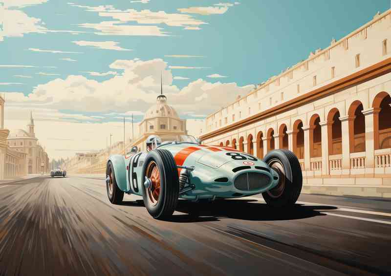 Blue vintage race car on track