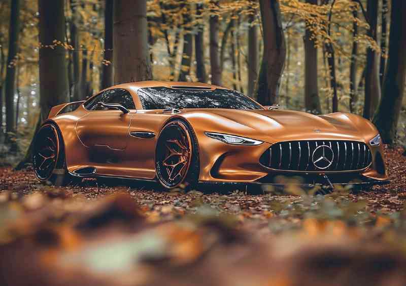 Bronze colored Mercedes AMG concept style car parked in woodland