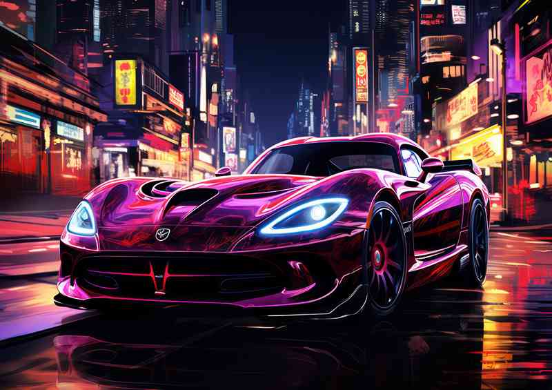 Cyberpunk Neon light purple street racing car