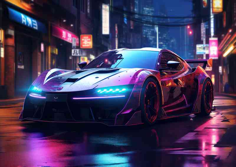 Electric sports car in an urban city at night