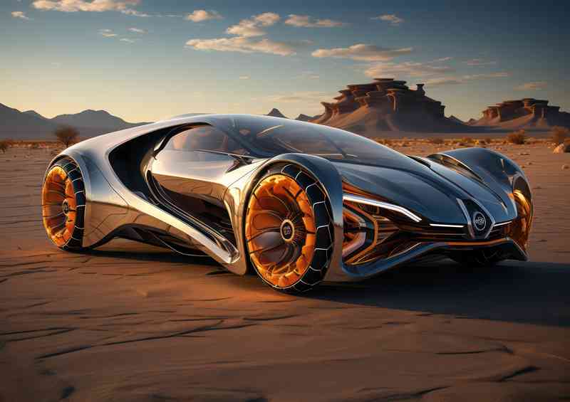Exotic sports car in the desert in silver
