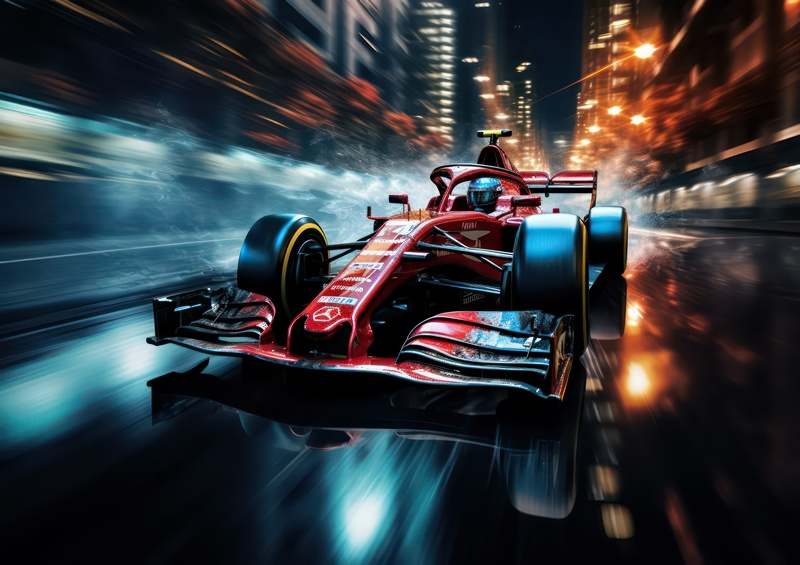 Fantasy formula one racing car driving at night