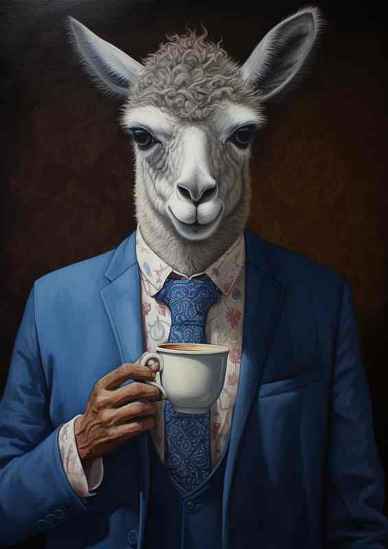 Llama holding a blue cup of coffee out in front