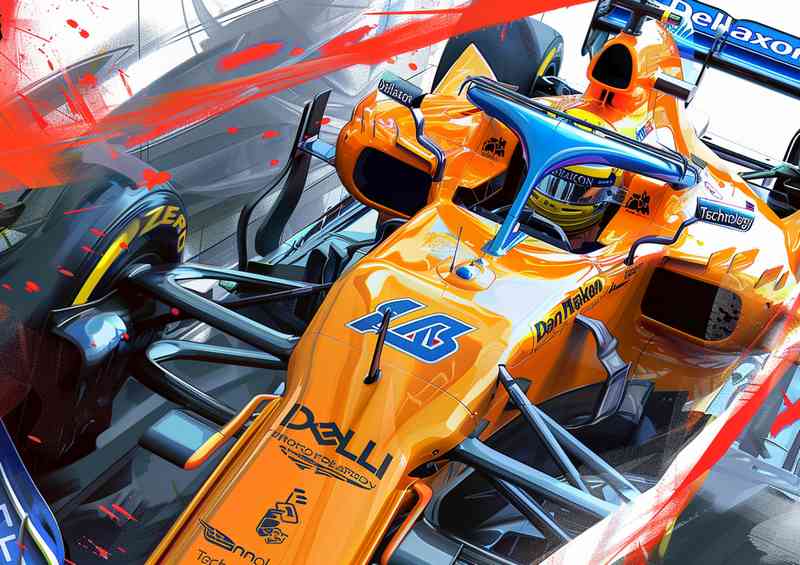 Futuristic McLaren racing car orange and blue