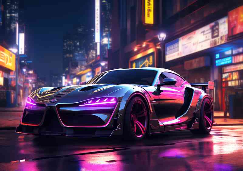 Futuristic car in the city in the style of neon