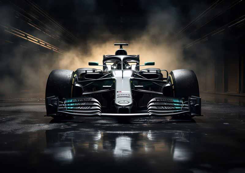 Modern formula one racing car with smoke