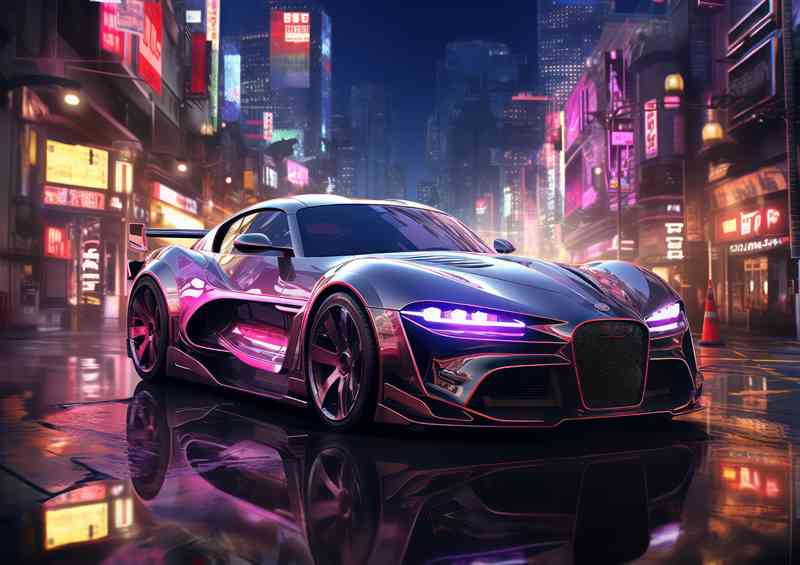 Neon Purple futuristic street car in the city