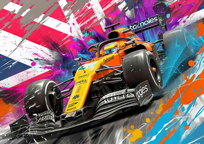 Orange formula one car with uk flag
