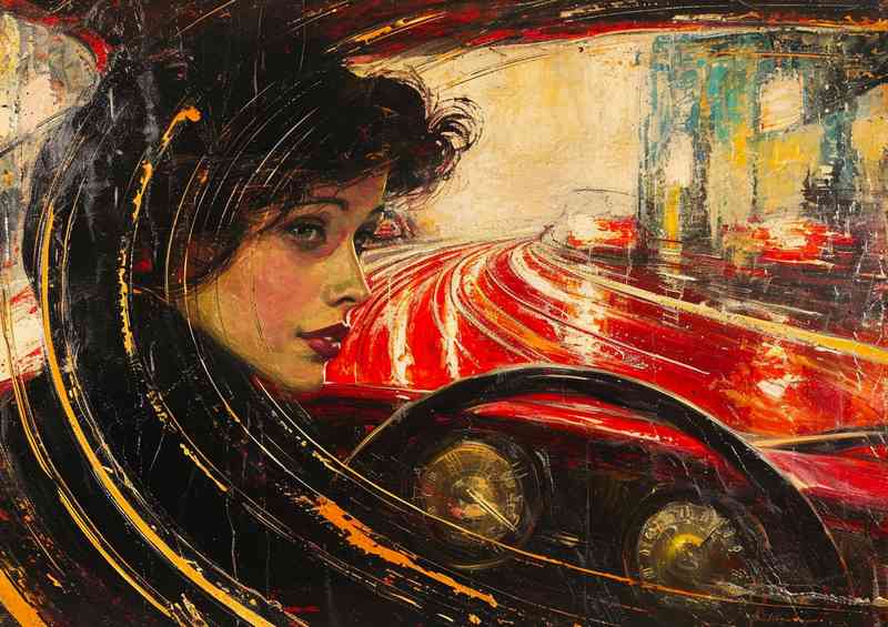 Painting of a woman driving a car