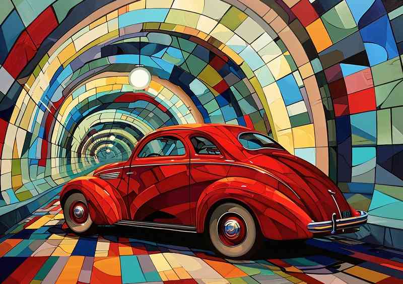Painting style of a red car in a tunnel