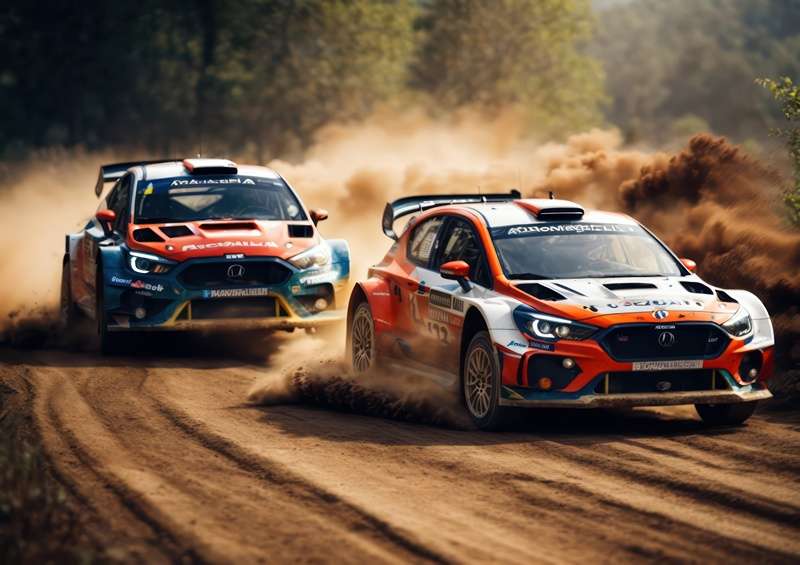 Pair of rally cars driving through mud
