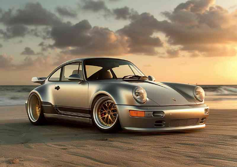 Porsche 964 beach at sunset gold wheels