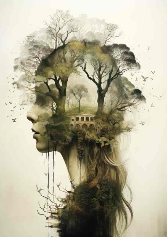 Artistic Forest and Wildlife Fusion Mixed Womans Head