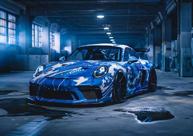 Porsche with blue and white paint