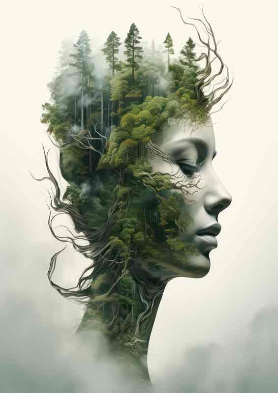 Beautiful Forest Double Exposure amd a womans head