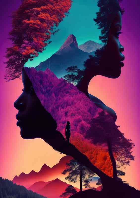 Creative a wommans profile with trees and mountains