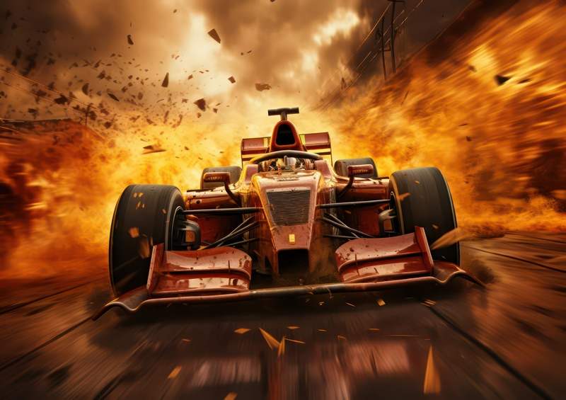 Red Formula one car driving through fire