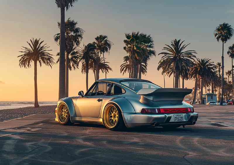 Silver Porsche 964 widebody parked on bay