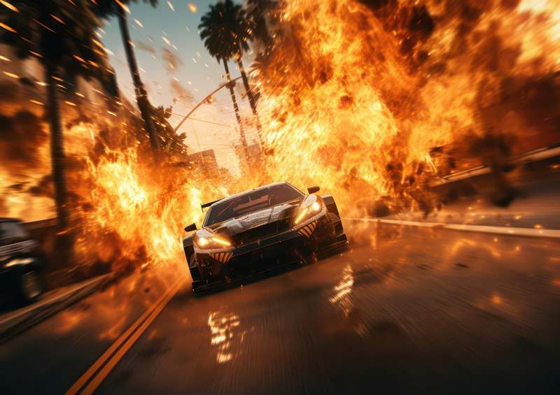 Super Car Driving Through The Streets Of Fire