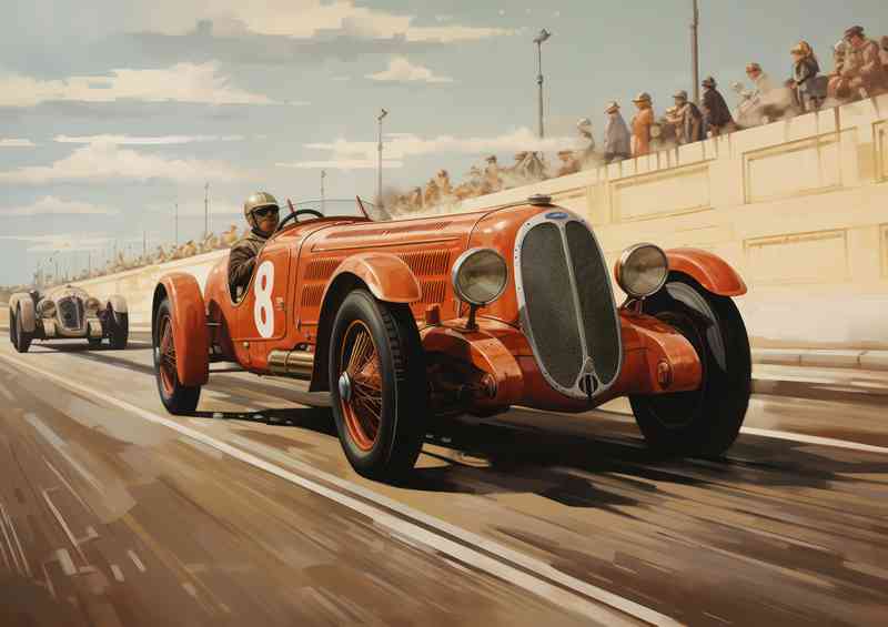 Vintage race car racing on track in red