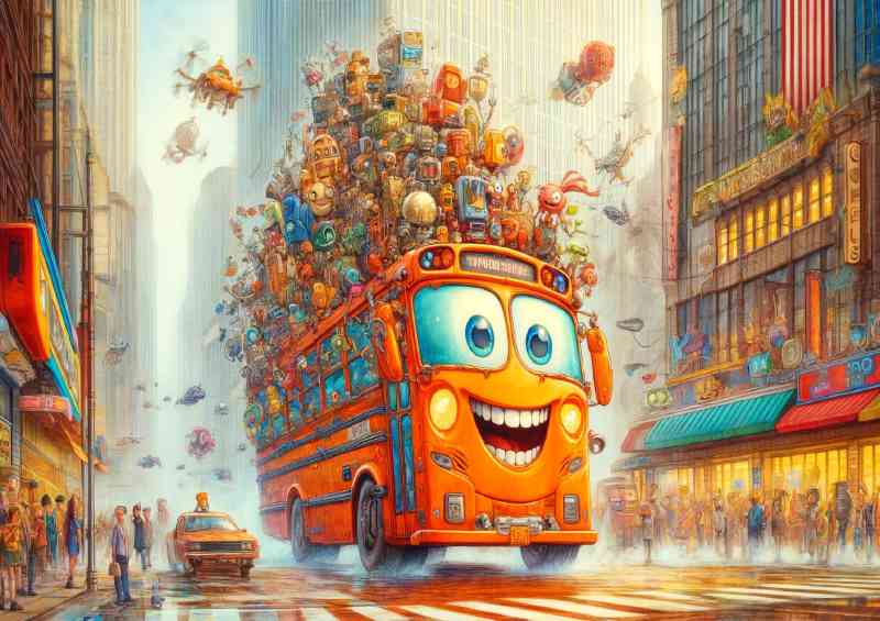 Whimsical bus bright orange grinning